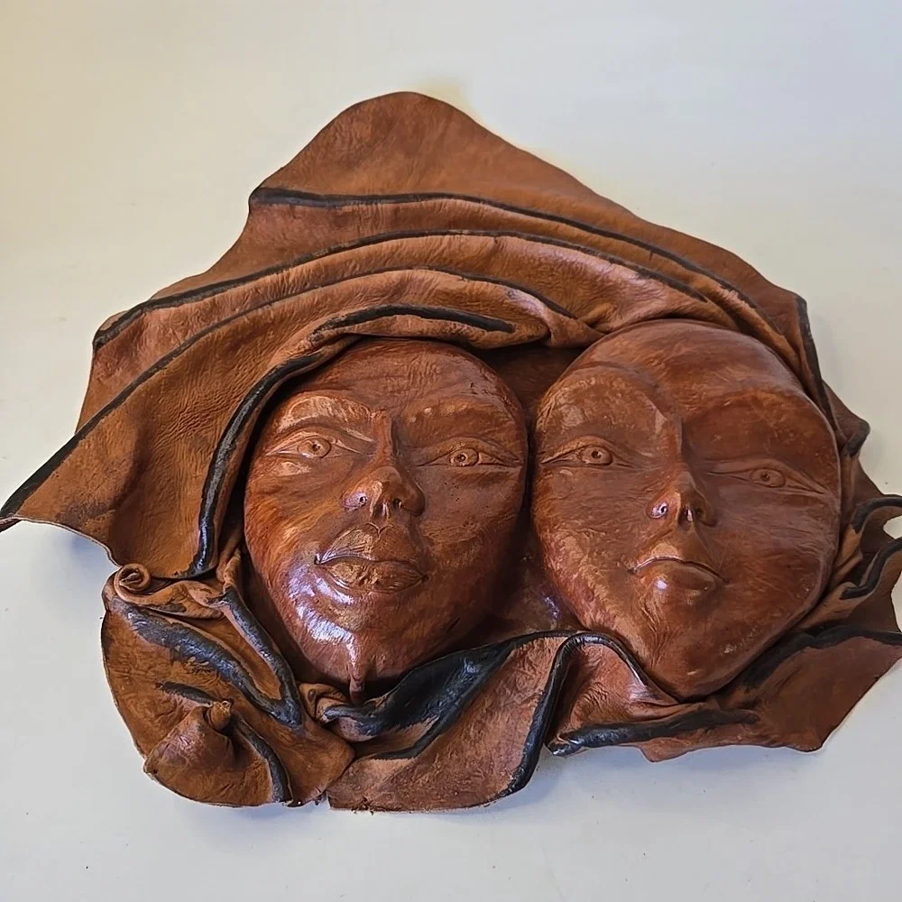 Women Double Face 3D Molded Handmade Leather Folk‎ Art Sculpture Wall Decor